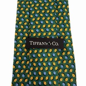 Tiffany & Co. Mens Tie Autumn Fall Leaves Green/Yellow/Blue Silk 3.75" x 58" euc